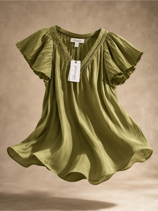 Philosophy Tops - Philosophy Olive Green Pleated Flutter Sleeve V-Neck Blouse